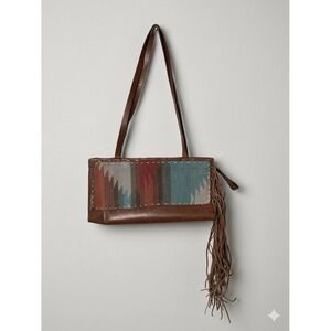 VTG Frye Benchcrafted Southwestern Wool Tapestry Leather Fringe Shoulder Bag
